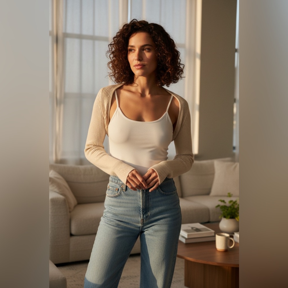 Zara Beige Ribbed Cropped Cardigan - Picture 8 of 10